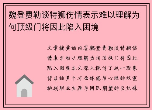 魏登费勒谈特狮伤情表示难以理解为何顶级门将因此陷入困境