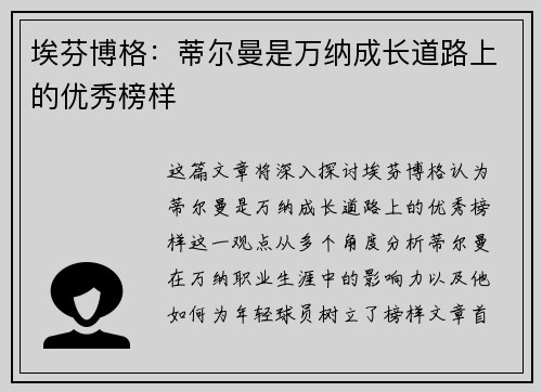 埃芬博格：蒂尔曼是万纳成长道路上的优秀榜样