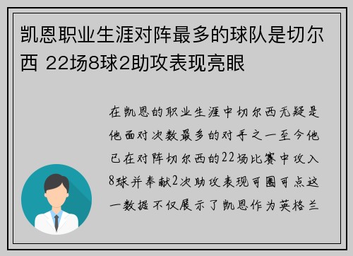 凯恩职业生涯对阵最多的球队是切尔西 22场8球2助攻表现亮眼